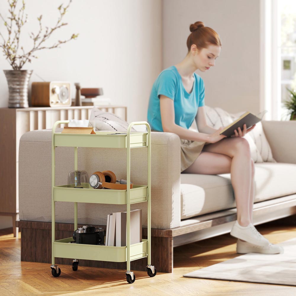 HOMCOM 3-Tier Green Mesh Basket Rolling Utility Cart Image 4