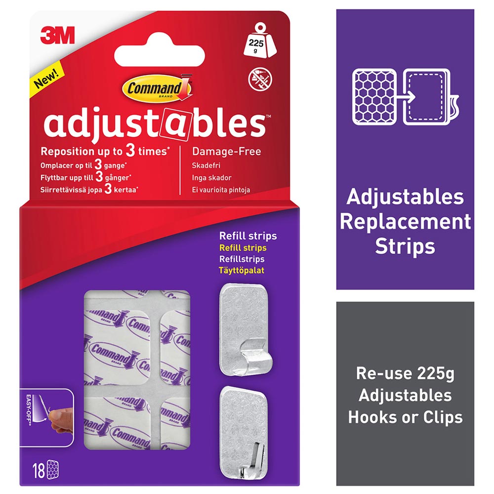 Command Adjustable Hooks and Clips Replacement Adhesive Strips 18 Pack Image 1