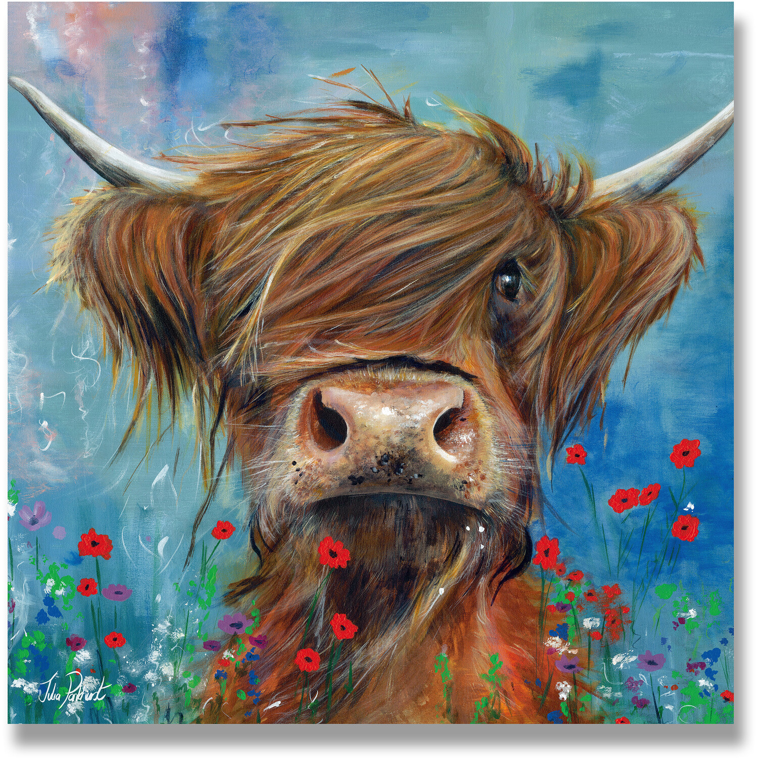 Pankhurst Highland Cow in The Flowers Canvas - Blue Image 1