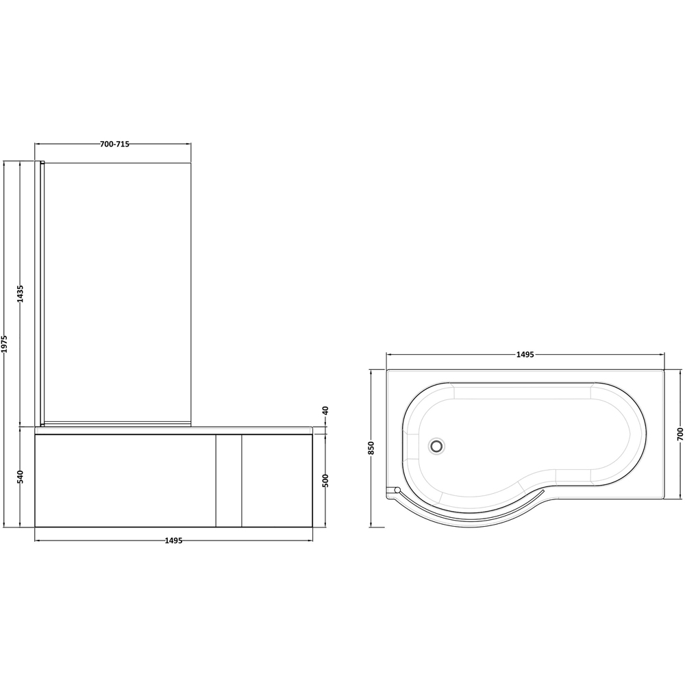 nuie 1500mm Left Hand P Shaped Bath Set Image 3