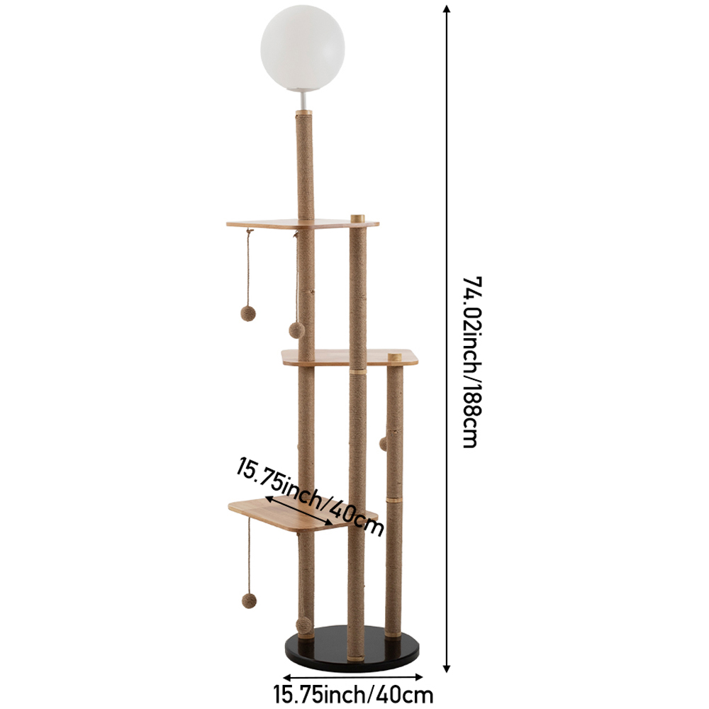 H&O Direct 188cm 3 Perch Natural Cat Tree with LED Floor Lamp Image 7