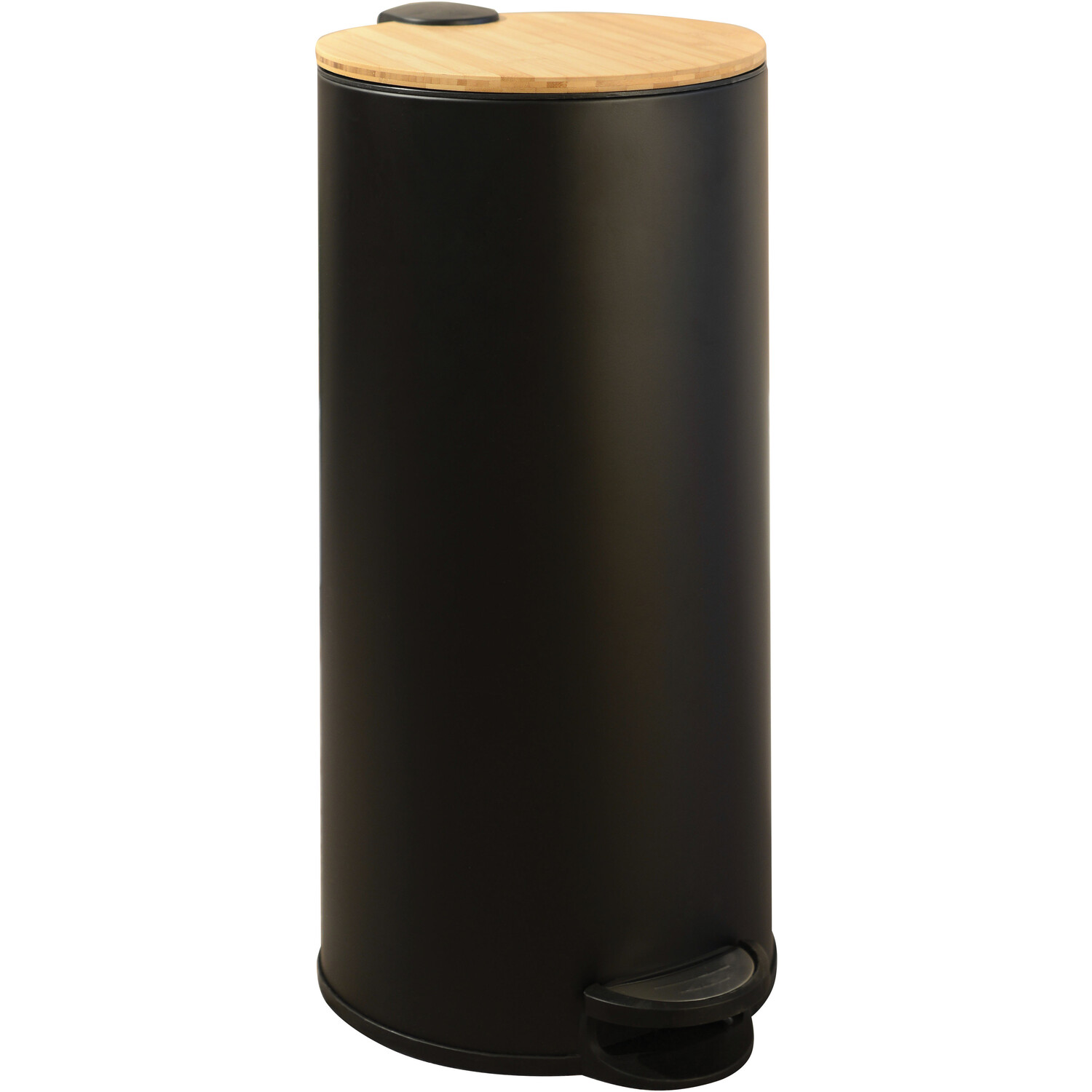 Round Black Pedal Bin with Bamboo Lid 30L Image 1