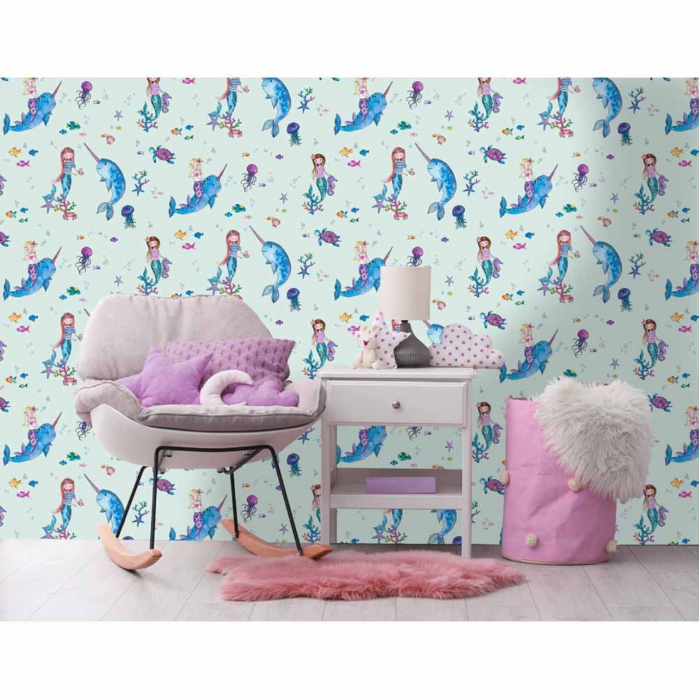 Narwhals and Mermaids Teal Wallpaper Image 2
