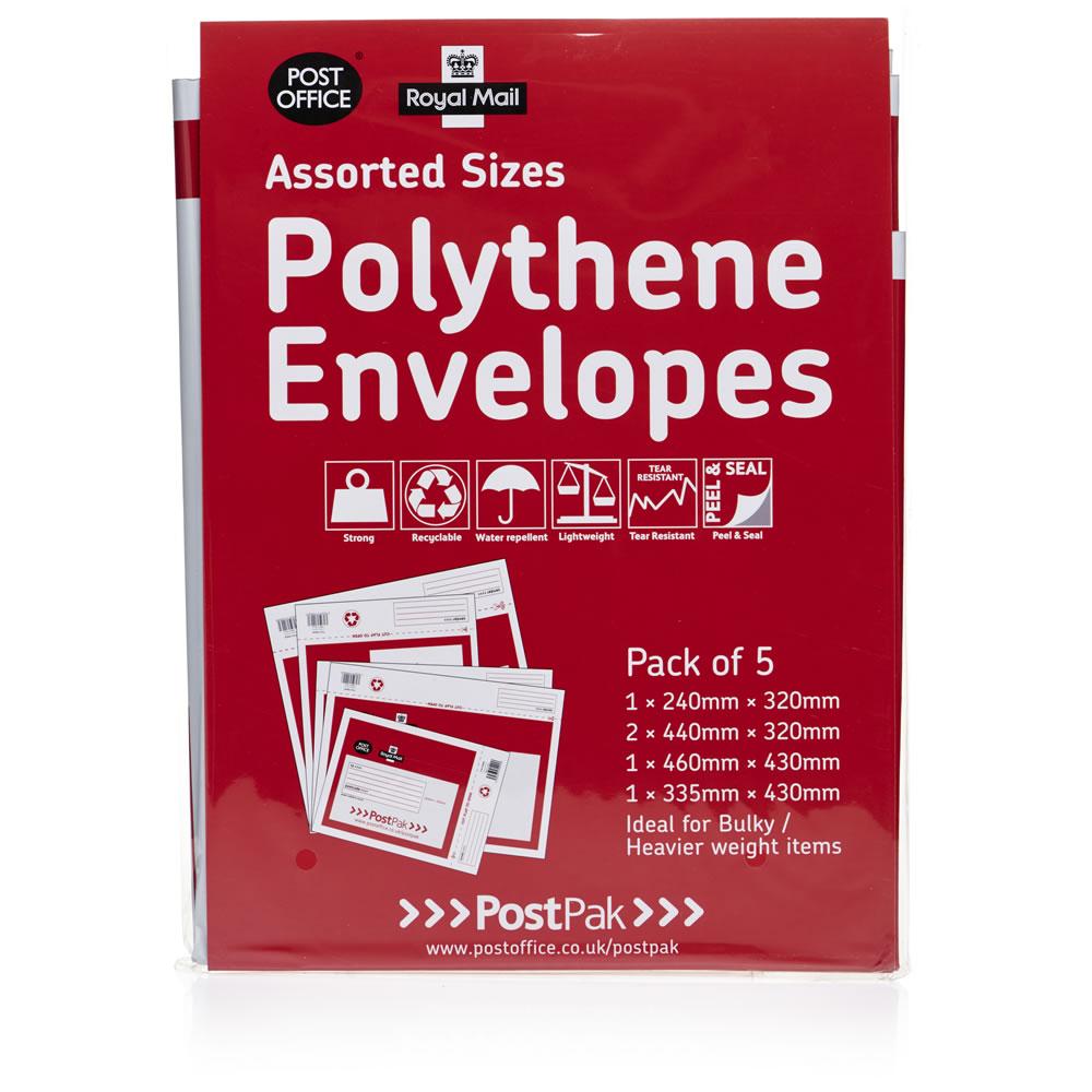 Royal Mail Post Office Polythene Envelopes 5pk Assorted Sizes Image