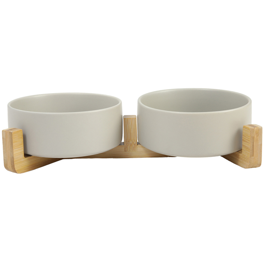 H&O Direct Double Ceramic Bowl Pet feeder with Bamboo Stand Image 1
