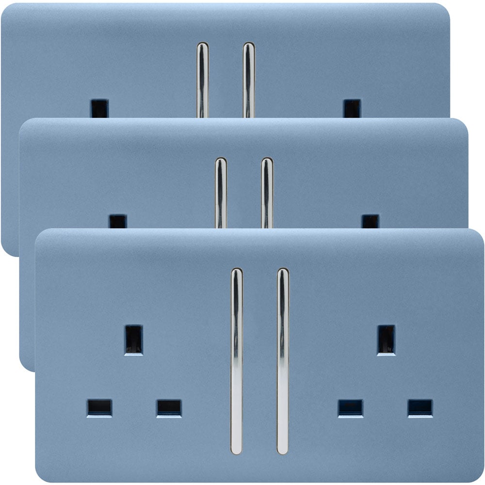 Trendi Switch 2 Gang 13amp Sky Blue Long Switched Plug Socket 3 Pack Image 1