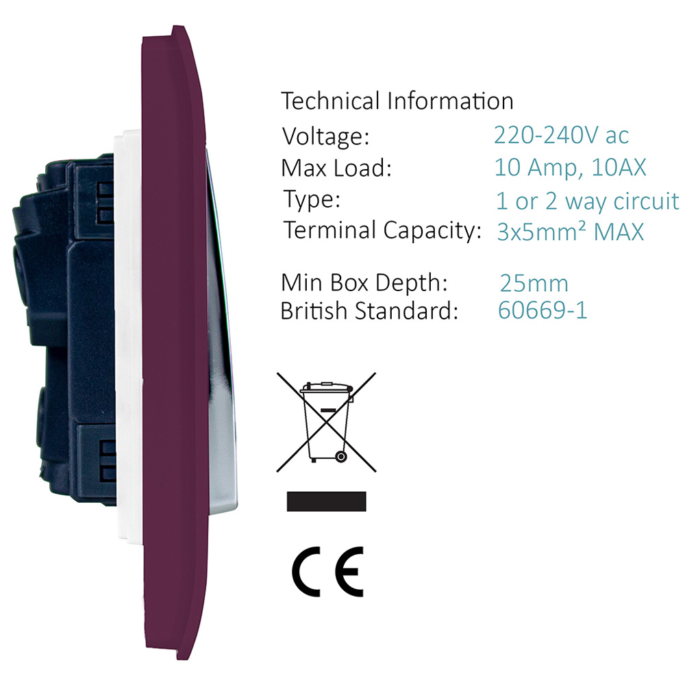Trendi Switch 1 Gang 1 or 2 Way Plum Purple Rocker Light Switch 2 Pack Image 3