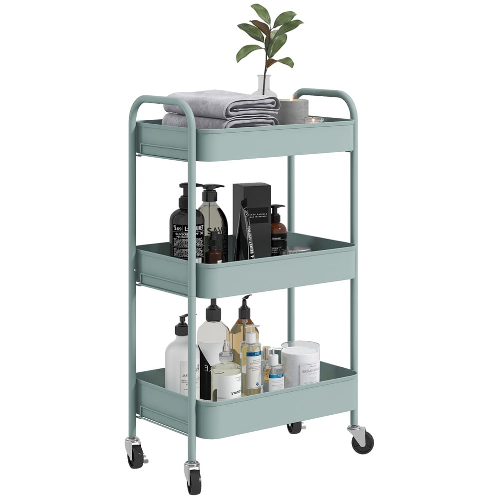 HOMCOM 3 Shelf Light Blue Rolling Utility Cart Image 3