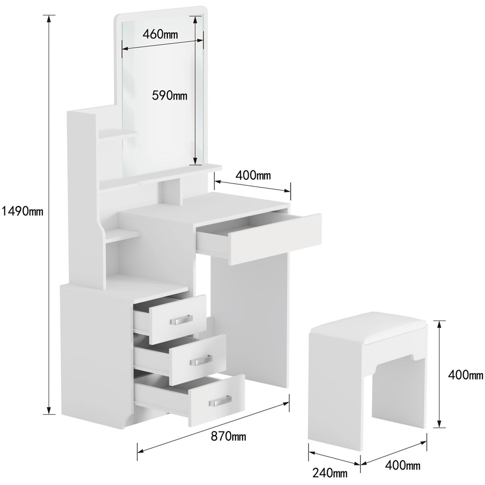 Home Source Arlo 4 Drawer 4 Shelf White Vanity Table and Cushioned Stool Set with Mirror Image 9