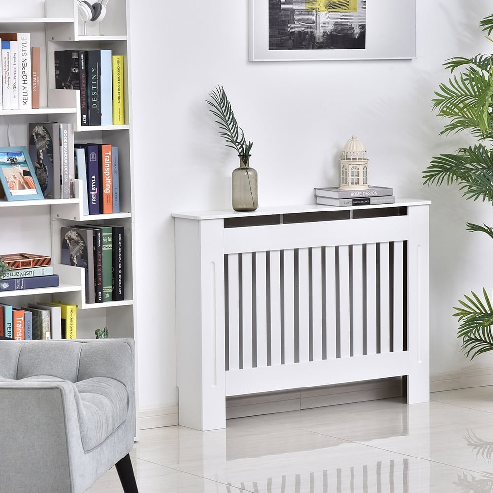 HOMCOM MDF White Slatted Radiator Cover Image 2