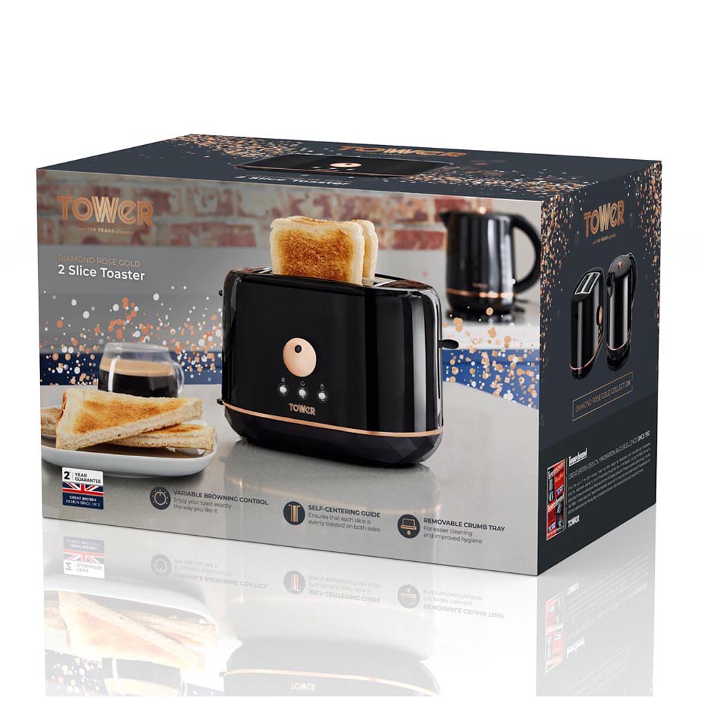 Tower Rose Gold 870W 2 Slice Toaster Wilko
