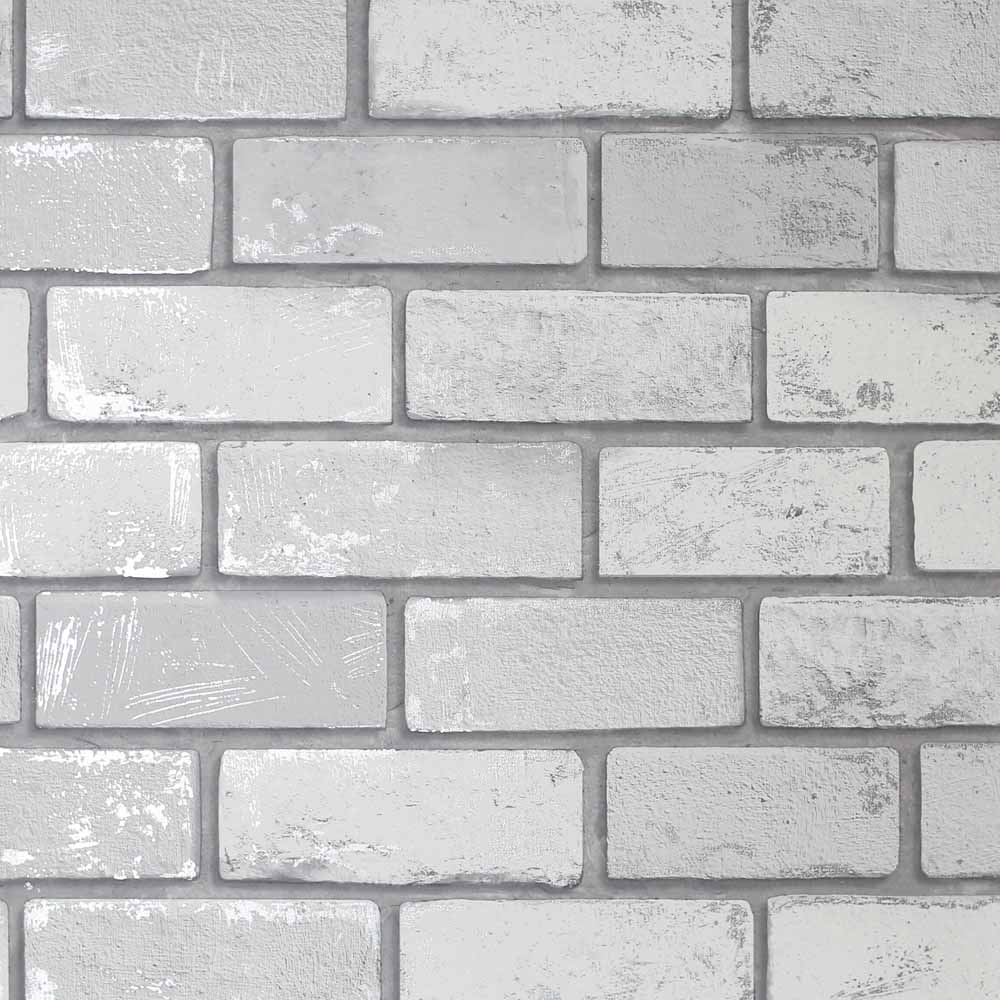 Arthouse Metallic Brick Effect White Silver Wallpaper Image