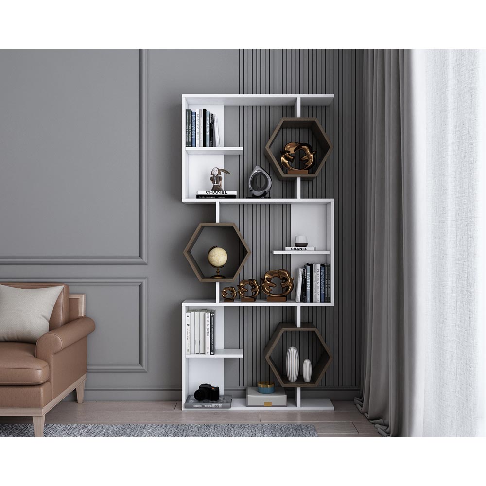 Decorotika Darla 9 Shelf White and Walnut Geometric Bookcase Image 5