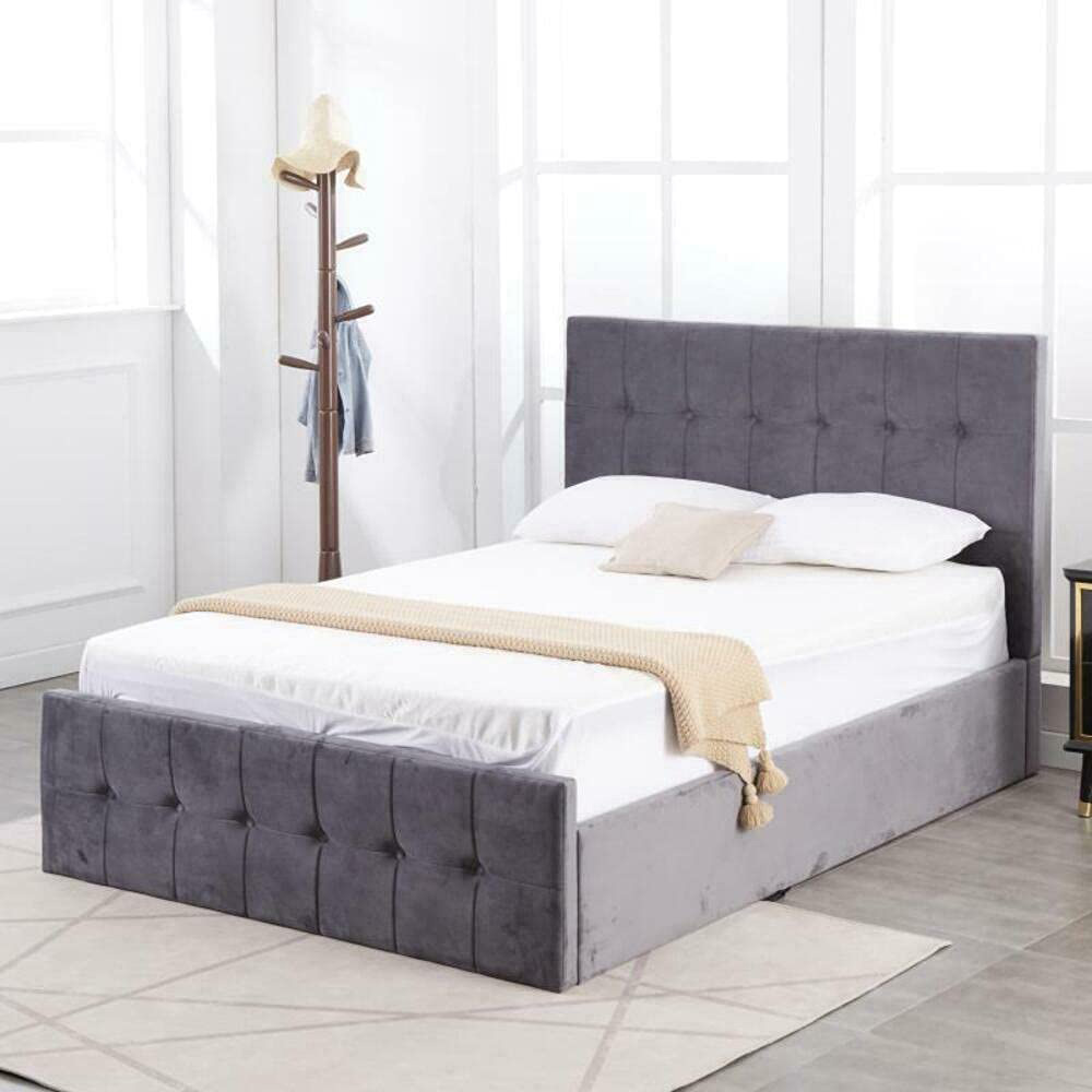 Portland Small Double Grey Velvet Cushioned Ottoman Bed Image 1