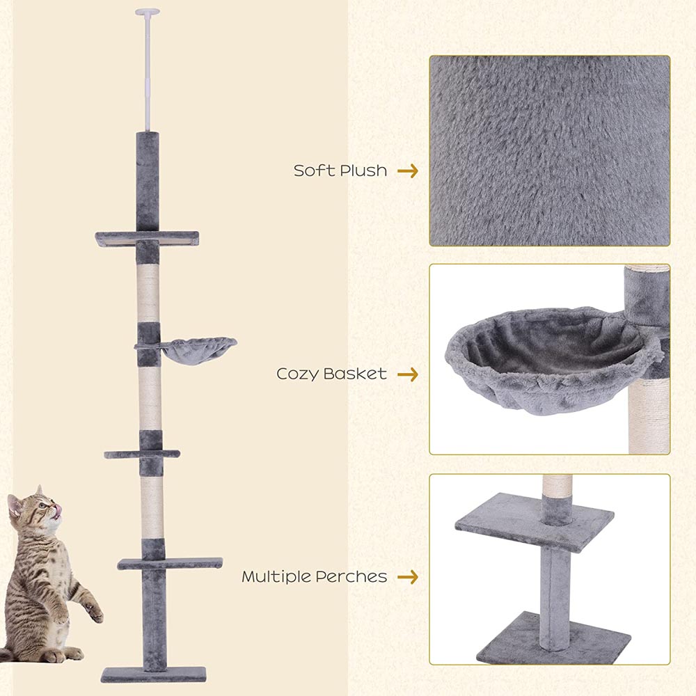 PawHut Floor to Ceiling Cat Tree Grey Image 4