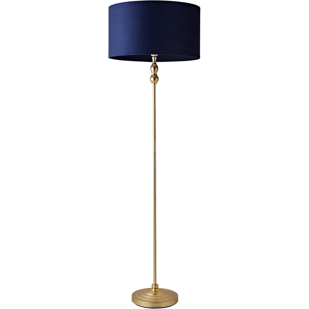 ValueLights Maggie Navy Blue Velvet and Gold Drum Shade Candlestick LED Floor Lamp Image 1