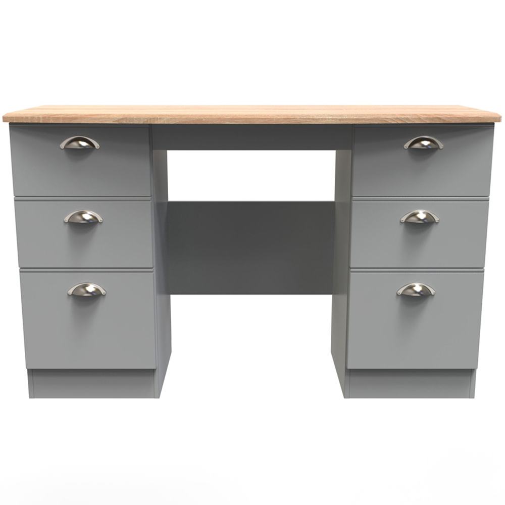 Crowndale Victoria 6 Drawer Dusk Grey and Oak Kneehole Computer Desk Image 2