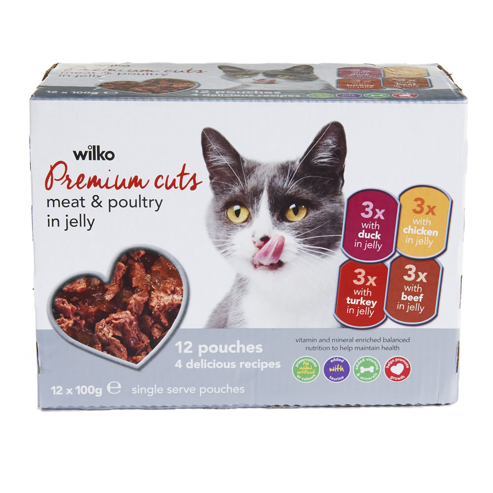 Wilko Premium Cuts Cat Food Meat & Poultry Selection in Jelly 12 x 100g Wilko