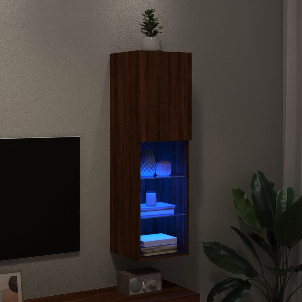 vidaXL Single Door 3 Open Shelf Brown Oak Narrow TV Cabinet with LED Light Image 5