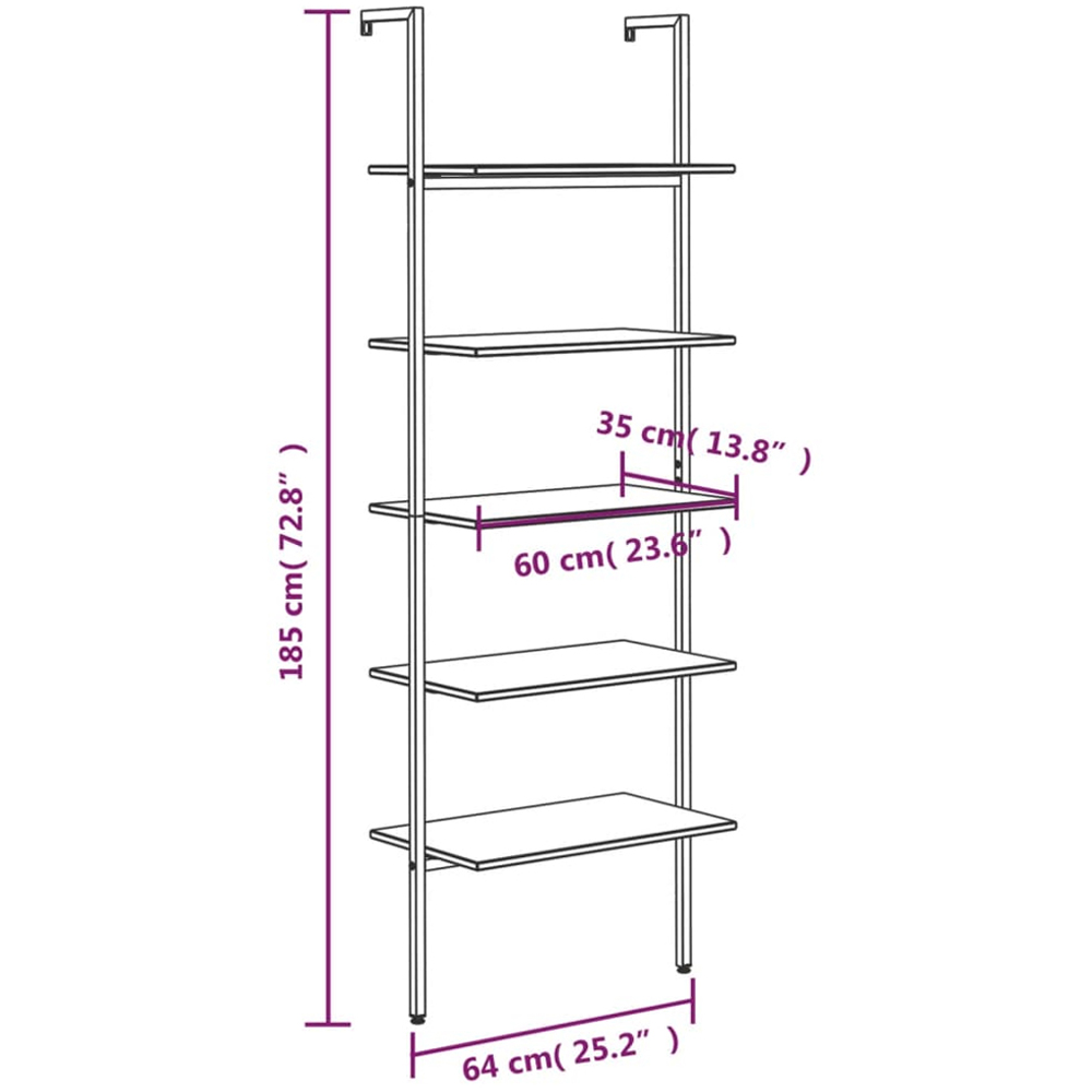 vidaXL 5 Shelf Light Brown Wood and Steel Leaning Bookcase Image 8