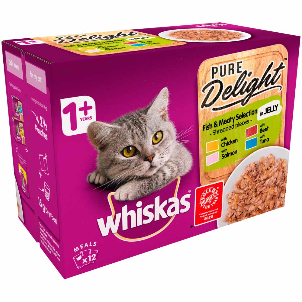 Whiskas Pure Delight Adult Cat Food Pouches Fish & Meaty in Jelly 12 x