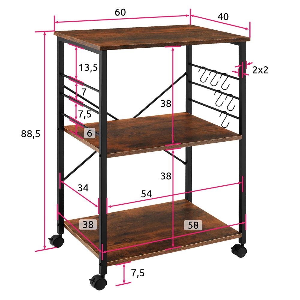 tectake Rugby 2 Shelf Dark Wood Drink Trolley with Parking Brake Image 9