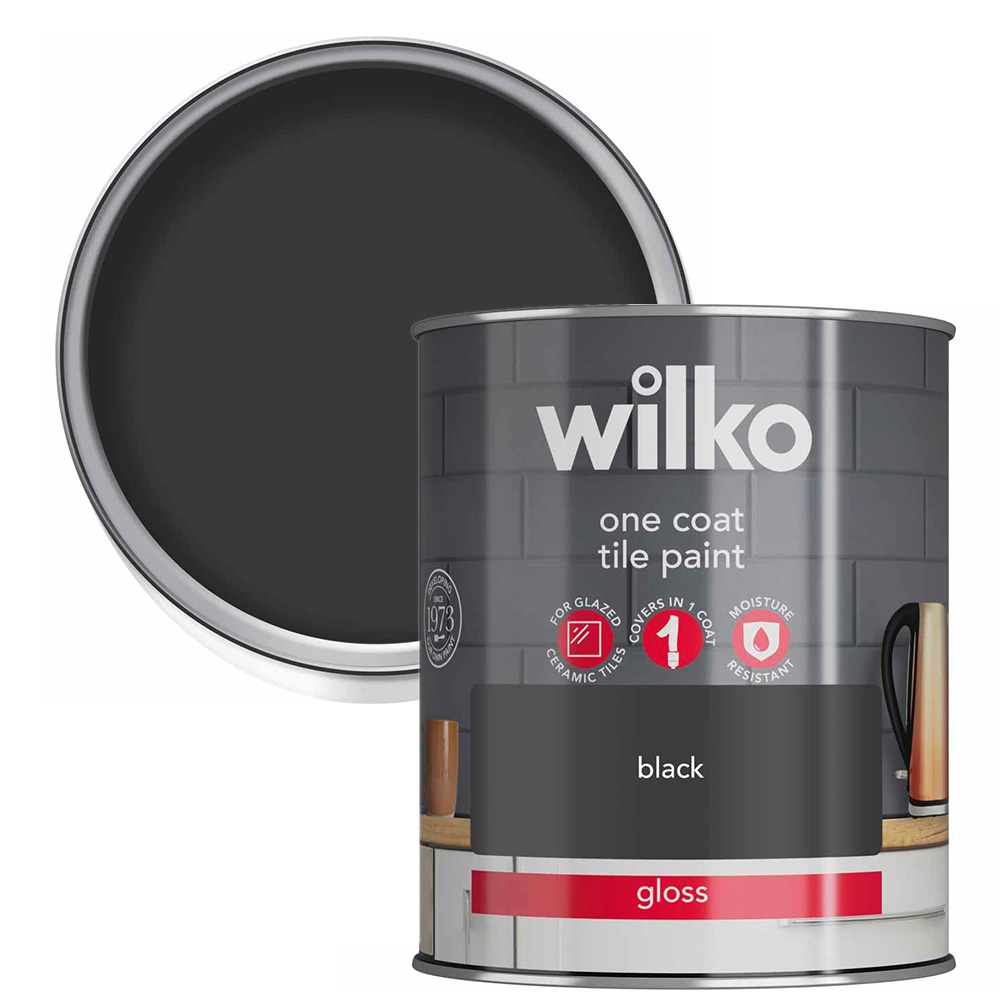 Wilko One Coat Black Tile Gloss Paint 750ml Image 1