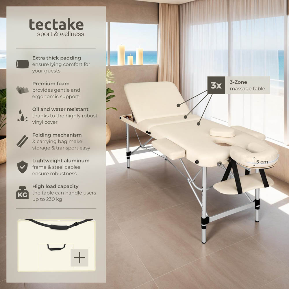 Massage Table - 3-zone bed with aluminium frame, 5cm pad, folding, adjustable - Beige Image 7