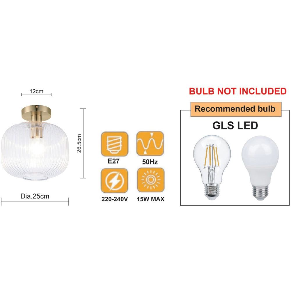 Cosylyte Maple Modern Ribbed Glass Brass Base Ceiling Light Image 9