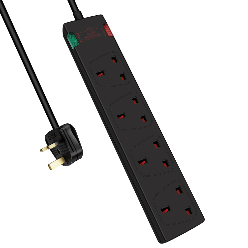 ExtraStar Black 13A 2m 4 Socket Surge Protected Extension Lead Image 1