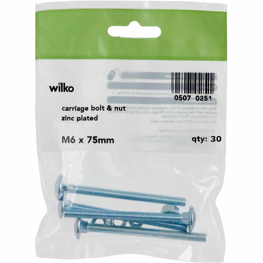 Wilko M6 x 75mm Carriage Bolts and Nuts 30 Pack Image