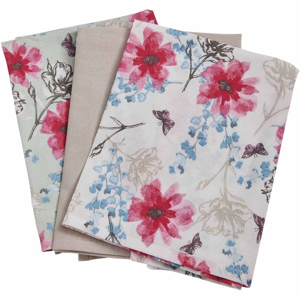 Wilko Sketched Bloom Tea Towels 3pk Image 1