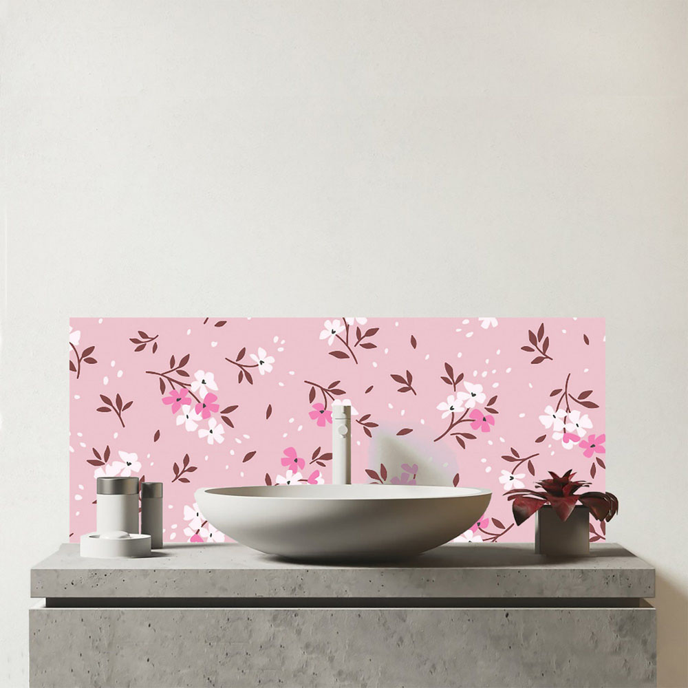 Warren Reed Designer Pretty Pink Flower Pattern Glass Bathroom Splashback 25 x 60cm Image 1