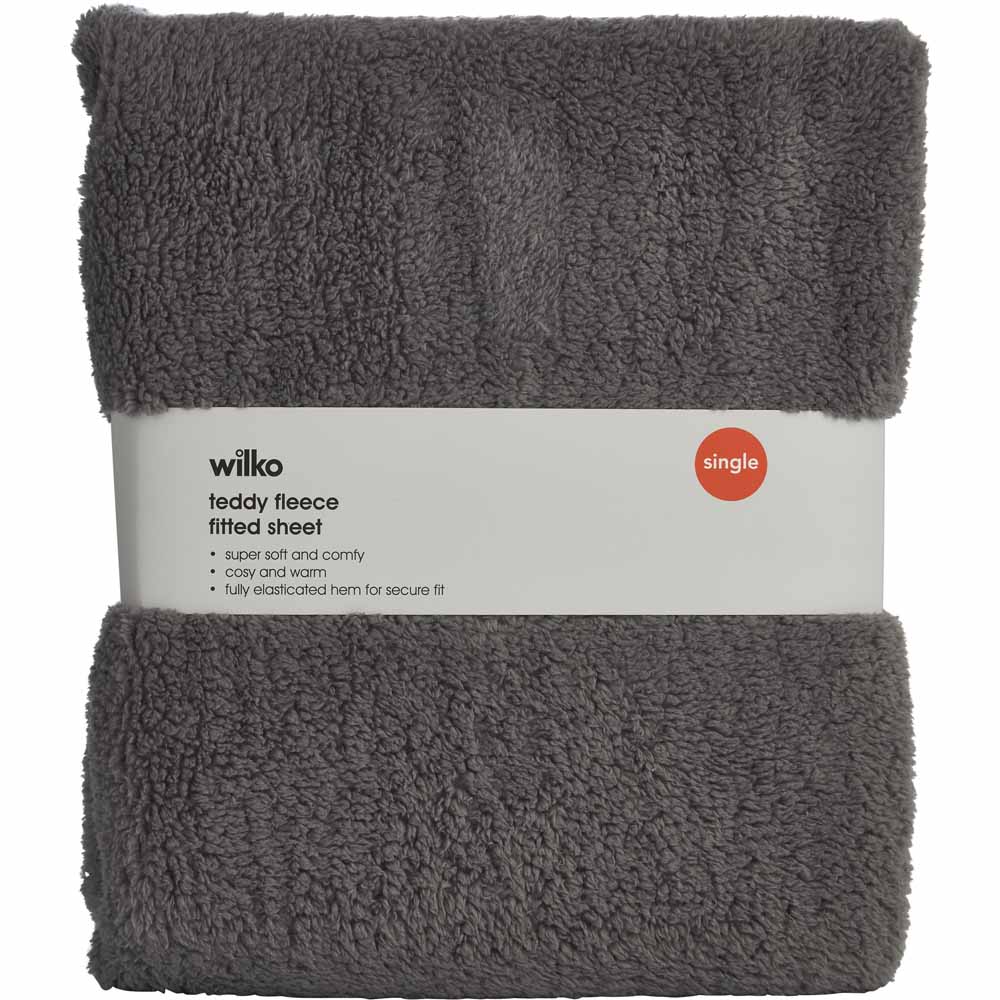 Wilko Single Charcoal Soft Teddy Fitted Sheet Image 2