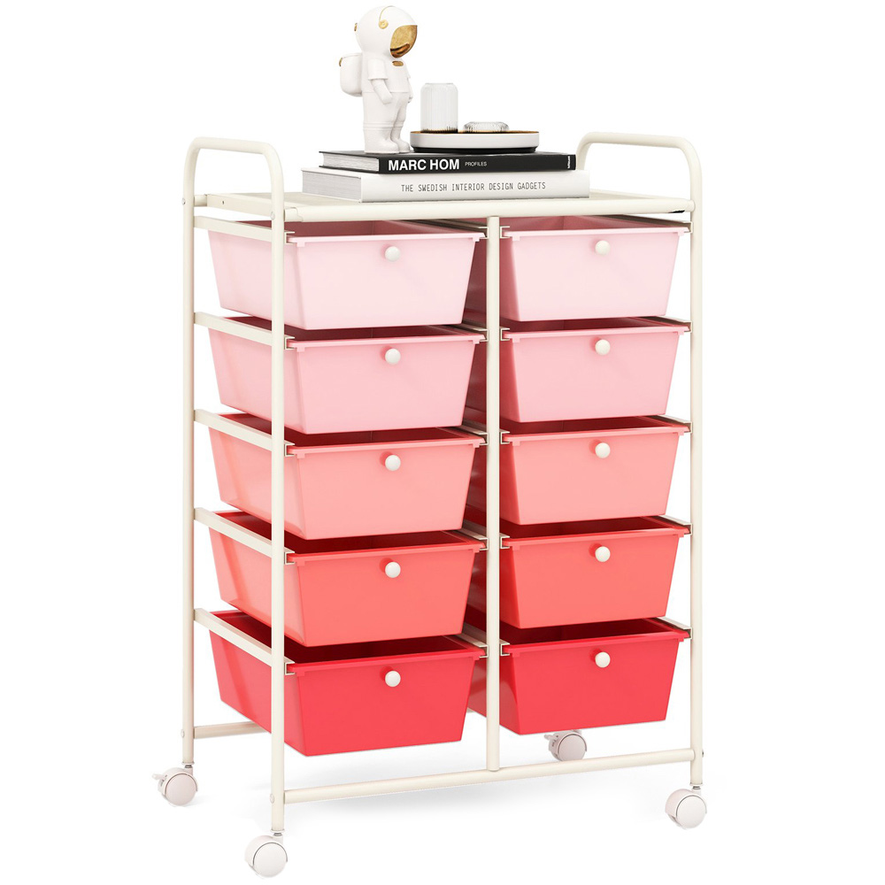 Costway 10 Drawer Pink Storage Rolling Cart Image 1