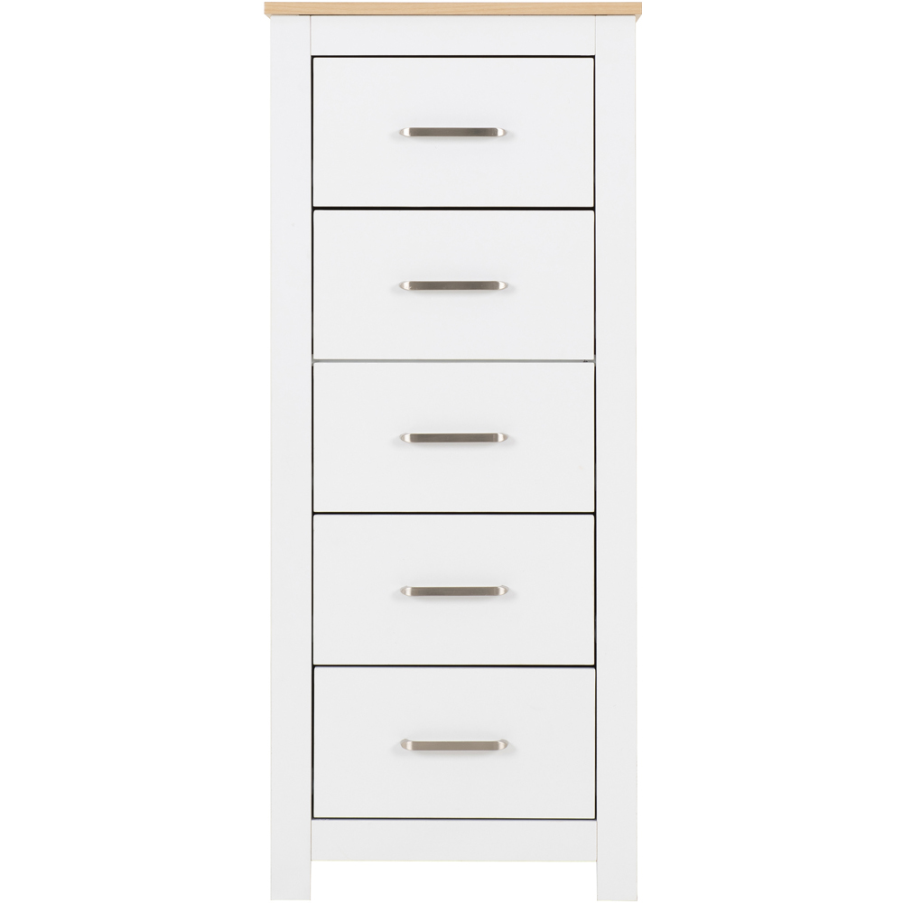 Seconique Portland 5 Drawer White and Oak Effect Narrow Chest of Drawers Image 4