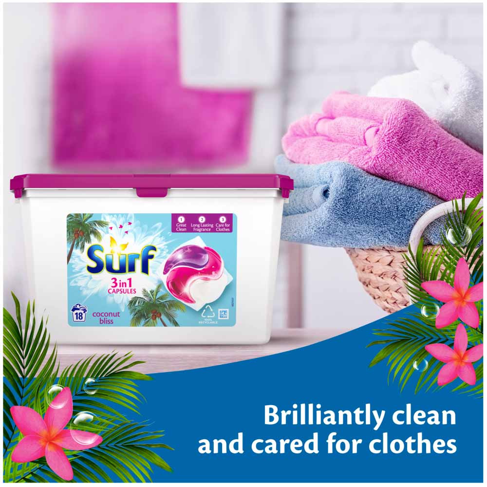 Surf 3 in 1 Coconut Bliss Laundry Washing Capsules 18 Washes Image 7