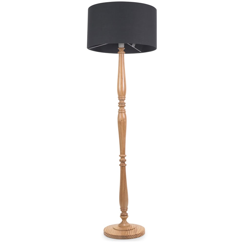ValueLights Victoria Charcoal Fabric Drum Shade Light Wood Traditional Stem LED Floor Lamp Image 1
