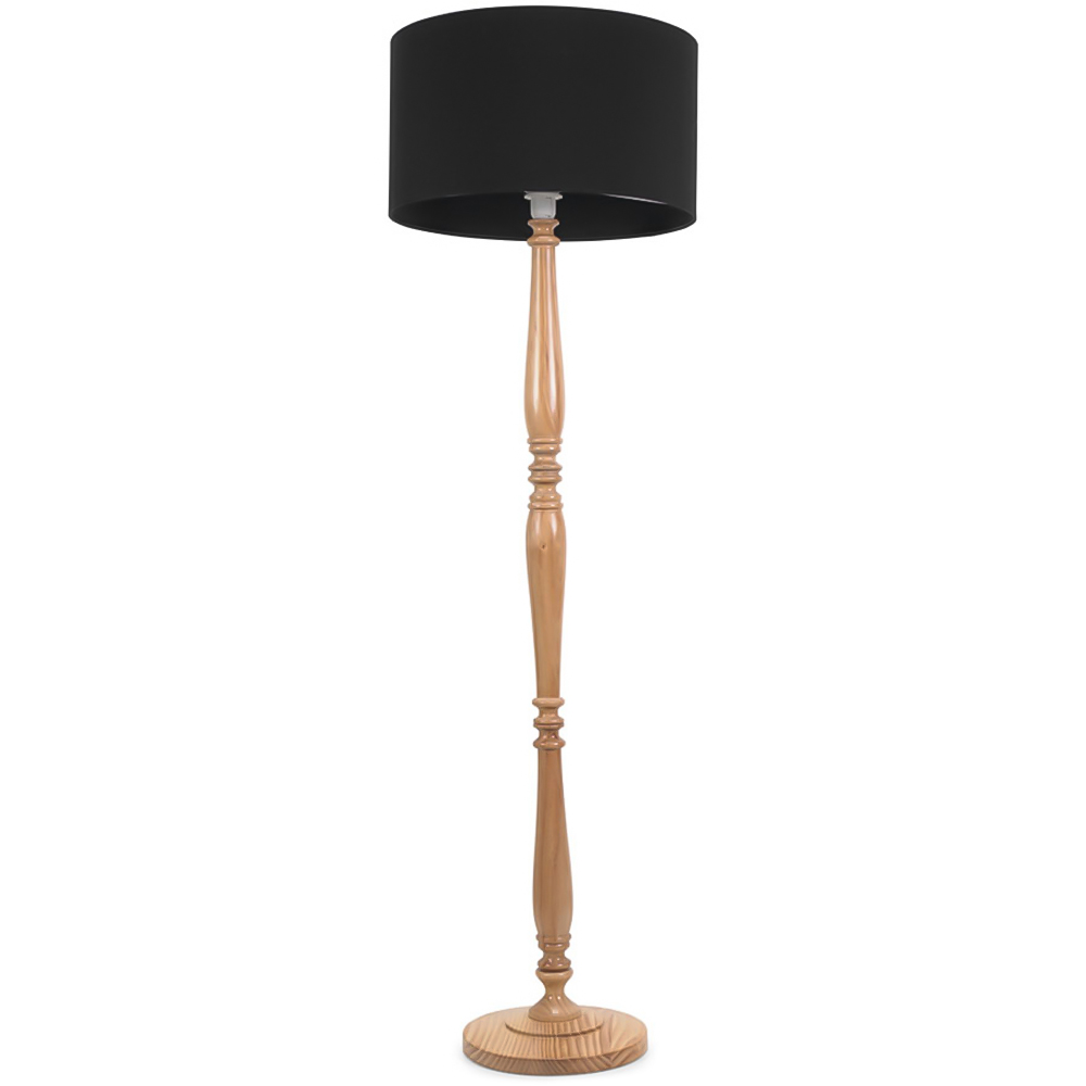 ValueLights Victoria Black Fabric Drum Shade Light Wood Traditional Stem LED Floor Lamp Image 1