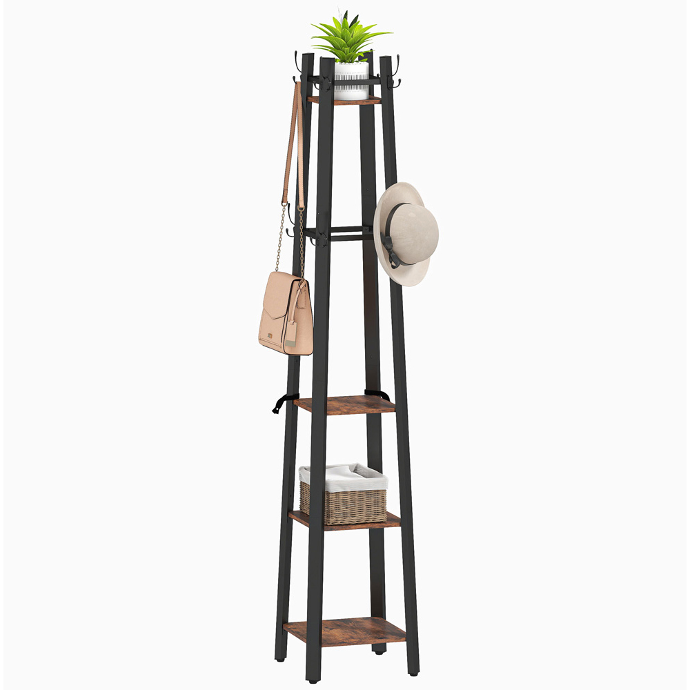 HOMCOM 4 Shelf 8 Hooks Rustic Brown Industrial Coat Stand Image 1