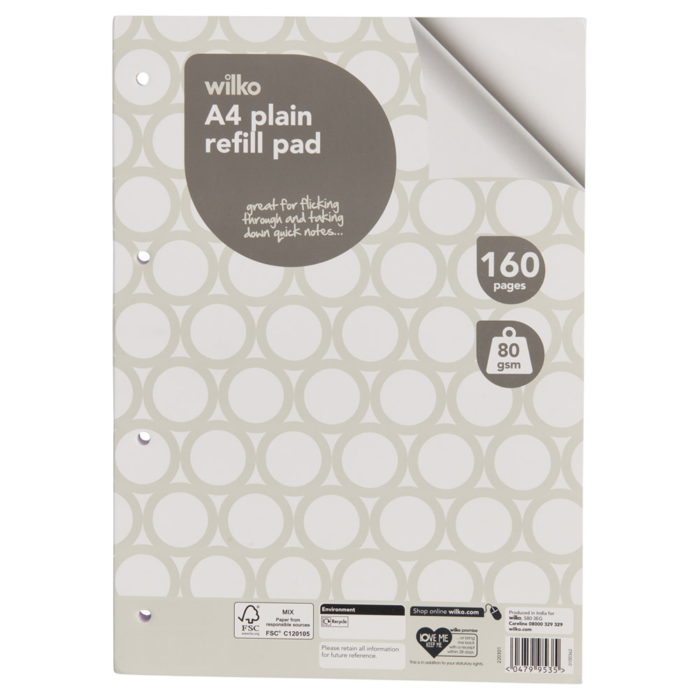 Wilko A4 Refill Pad Plain 160 Pages Wilko
