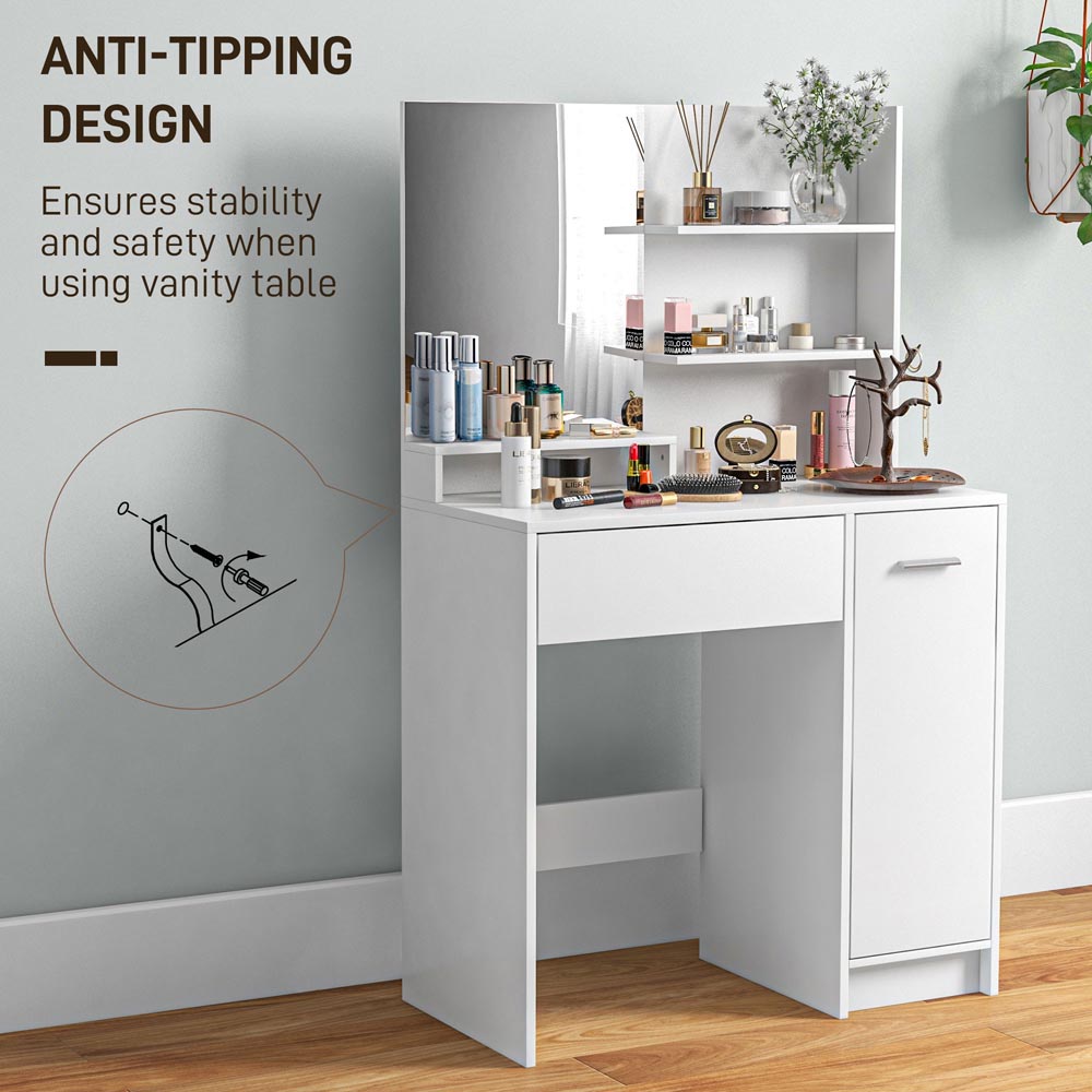 Portland Single Drawer Single Door 3 Shelf White Dressing Table Set with Mirror Image 8