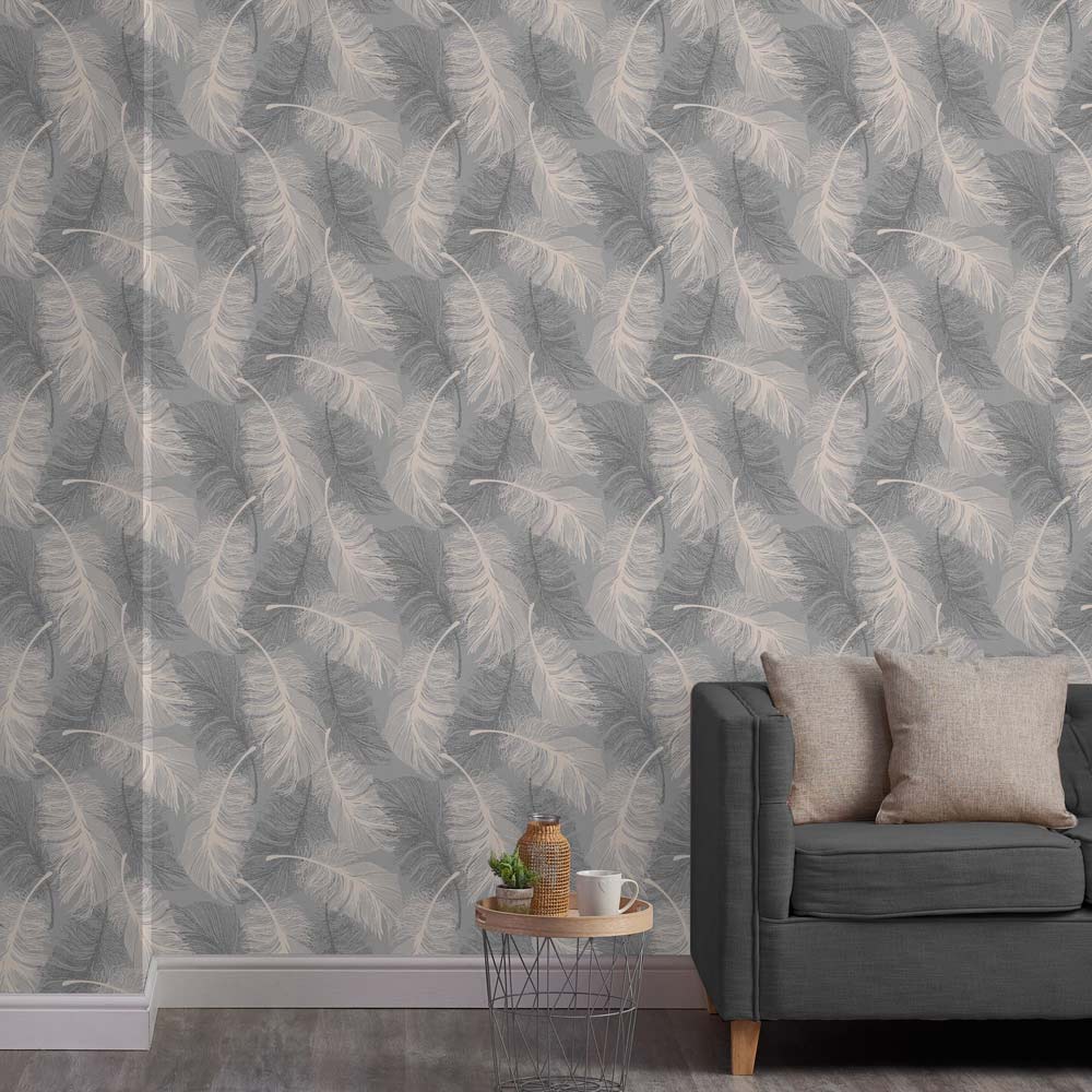 Superfresco Colours Feather Motif Wallpaper Grey Image 3