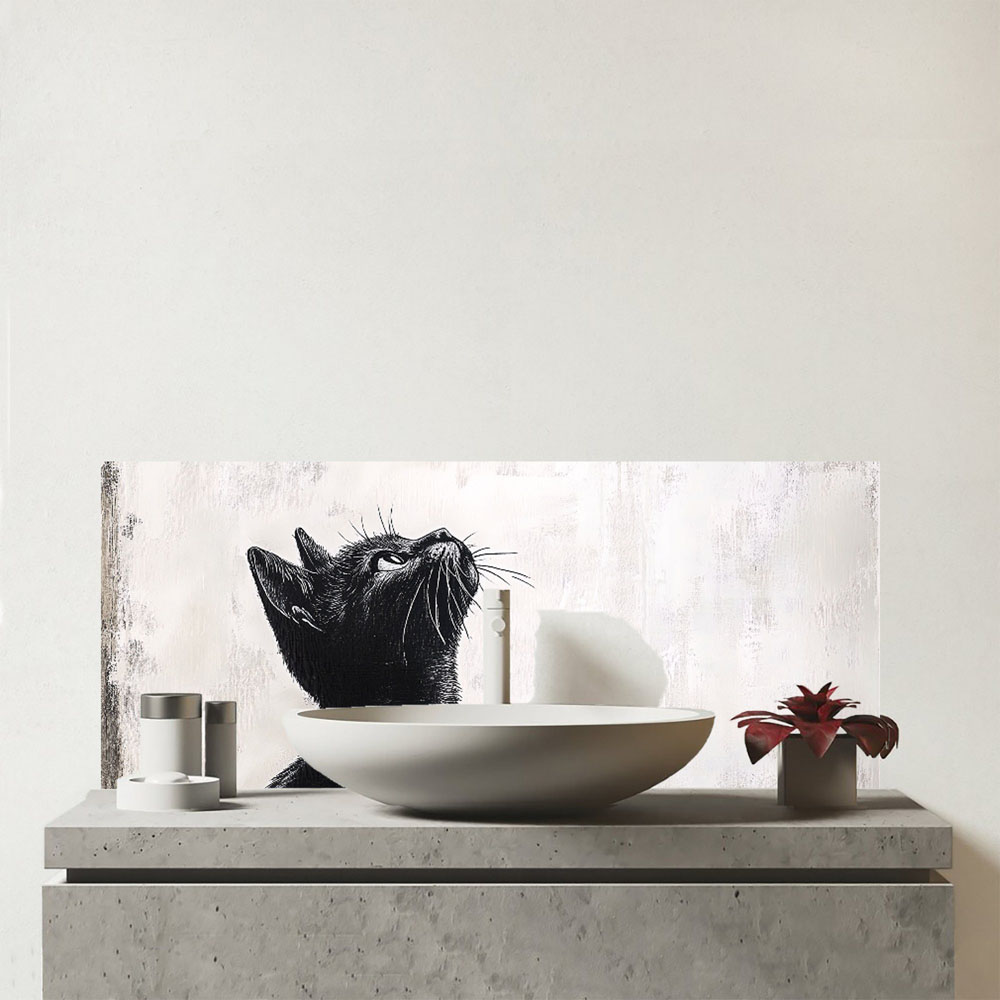 Warren Reed Designer Thoughtful Banksy Inspired Cat Glass Bathroom Splashback 25 x 60cm Image 1