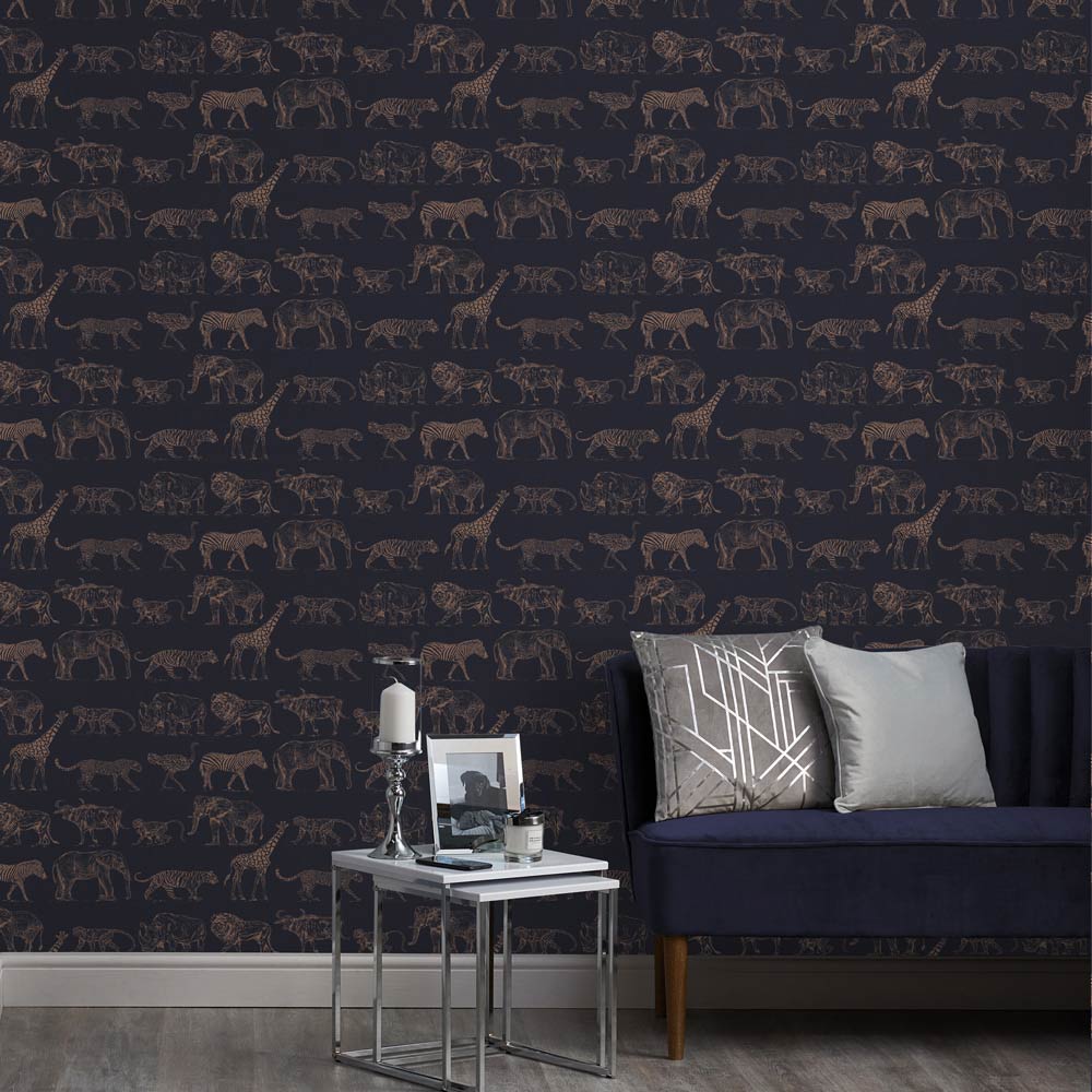 Boutique Safari Midnight Navy Animal Wallpaper Wilko