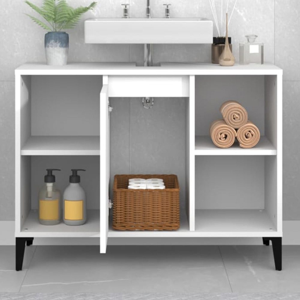 vidaXL Single Door 4 Shelf White Wood Washbasin Cabinet Image 1