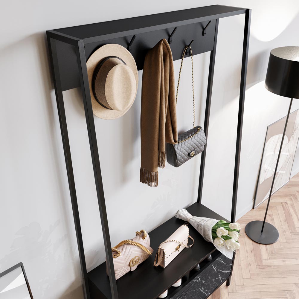 Decorotika Devin Single Door 2 Shelf Black Marble and Black Coat and Shoe Rack Image 4