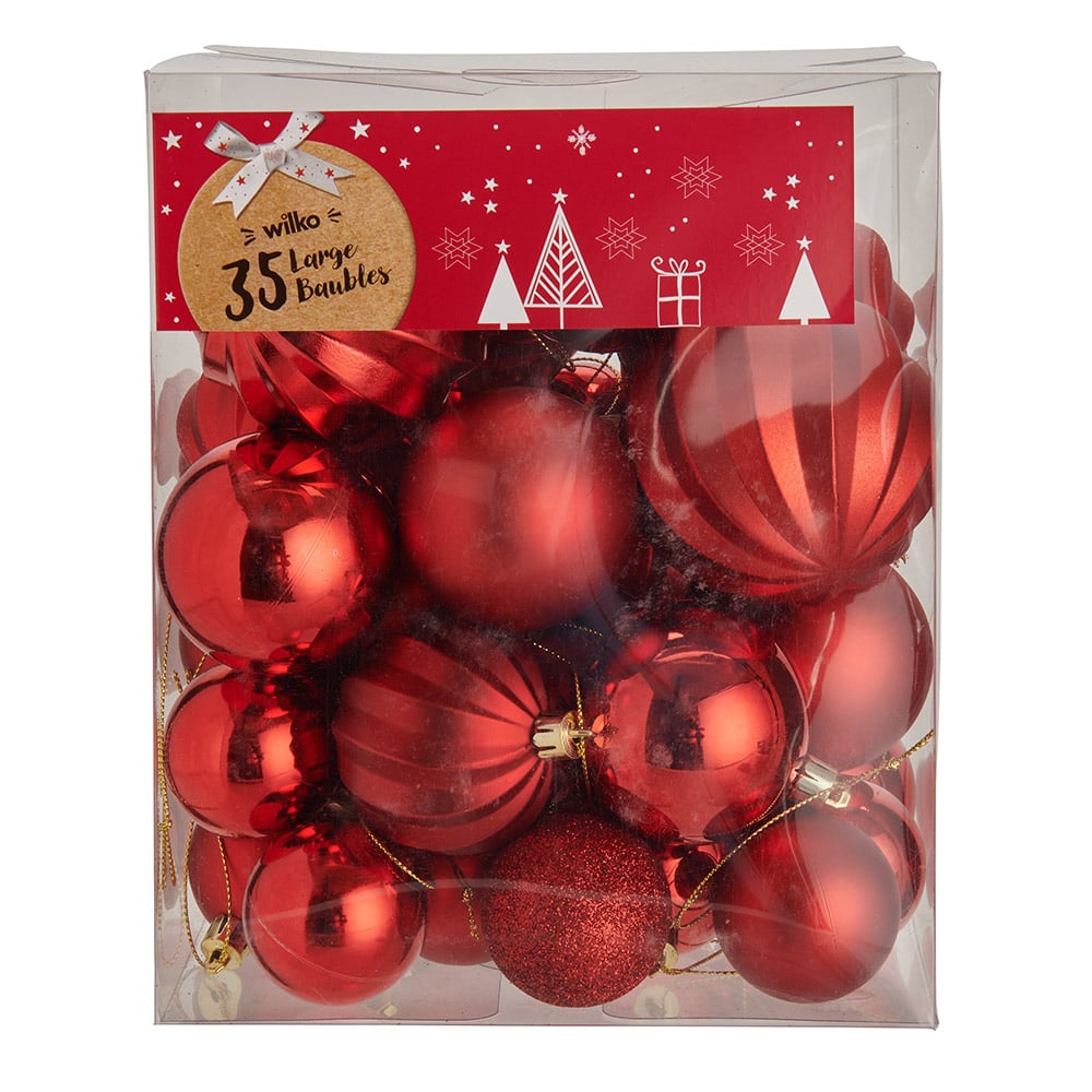 Wilko 35 Pack Large Winter Mix Red Baubles Image 1