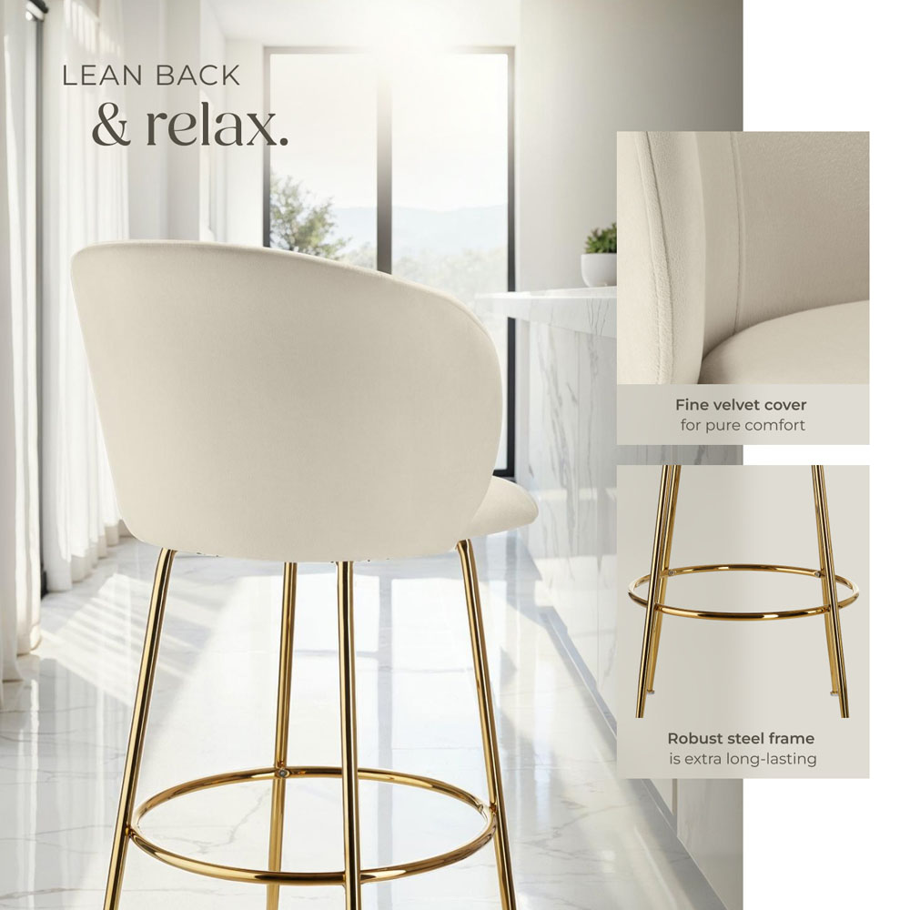 tectake Luana Cream and Gold Velvet Look Padded Bar Stool Set of 2 Image 5