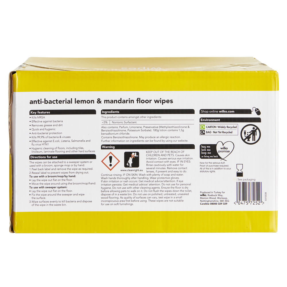 Wilko Lemon Antibacterial Floor Wipes 15 pack x 6 packs Image 2